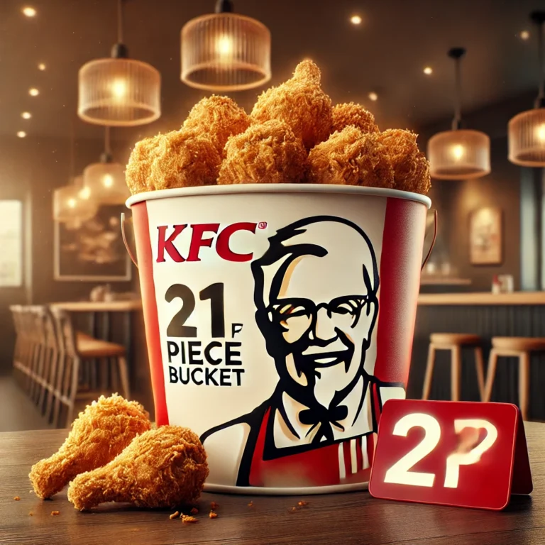 DALL·E 2025 02 15 17.22.39 A realistic promotional image of a KFC 21 piece bucket with crispy fried chicken featuring the KFC logo prominently on the bucket. The price is displ