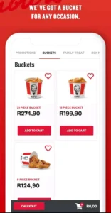 KFC Menu items on Official App