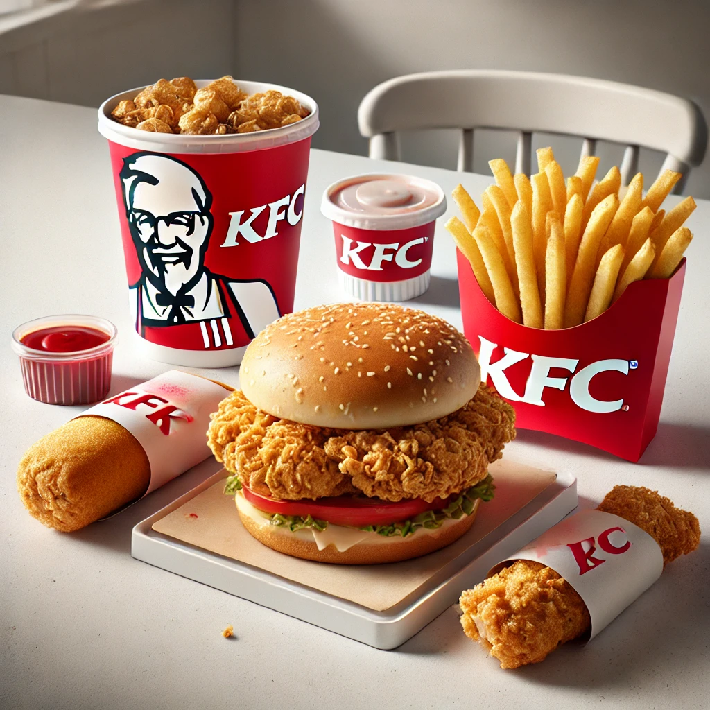 DALL·E 2025 02 09 14.17.51 A delicious KFC style fast food meal featuring a crispy fried chicken burger a chicken roll golden french fries and crispy fried chicken pieces. Th